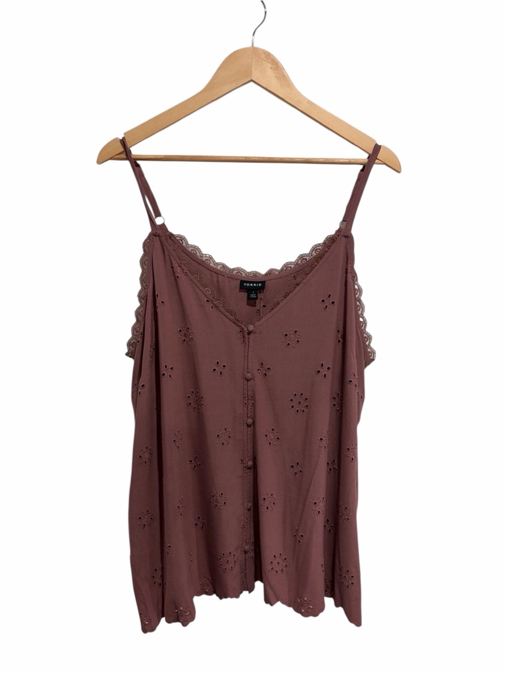 2/$30 TORRID Sophie Eyelet Lace Trim Swing Camisole with Buttons Rose Taupe